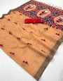 Delightful Peach Pure Munga Cotton Silk Saree With Groovy Blouse Piece
