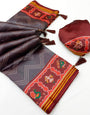 Desultory Grey Printed Patola Handloom Silk Saree With Rhapsodic Blouse Piece