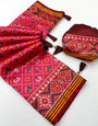 Sophisticated Dark Pink Printed Patola Handloom Silk Saree With Profuse Blouse Piece