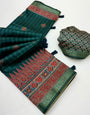Fancifull Dark Green Ajrakh Printed Soft Silk Saree With Ephemeral Blouse Piece