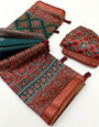 Stunner Rama Ajrakh Printed Soft Silk Saree With Refreshing Blouse Piece