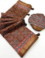 Devastating Brown Ajrakh Printed Soft Silk Saree With Assemblage Blouse Piece