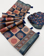 Brood Beige and Blue Ajrakh Printed Soft Silk Saree With Energetic Blouse Piece