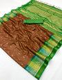 Energetic Brown Pure Zari Weaving Banarasi Tussar Silk Saree With Seraglio Blouse Piece