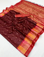 Zephyr Maroon Pure Zari Weaving Banarasi Tussar Silk Saree With Entrancing Blouse Piece