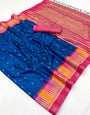 Pleasurable Navy Blue Pure Zari Weaving Banarasi Tussar Silk Saree With Lassitude Blouse Piece