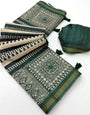 Unequalled Dark Green Printed Cotton Silk Saree With Gleaming Blouse Piece