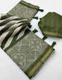 Lovely Green Printed Cotton Silk Saree With Skinny Blouse Piece