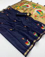 Eloquence Navy Blue Pure Munga Cotton Silk Saree With Smashing Blouse Piece
