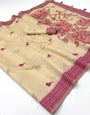 Captivating Beige Pure Munga Cotton Silk Saree With Groovy Blouse Piece