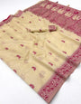 Murmurous Beige Pure Munga Cotton Silk Saree With Luxuriant Blouse Piece