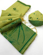 Vibrant Green Pure Munga Cotton Silk Saree With Surreptitious Blouse Piece