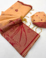 Symmetrical Peach Pure Munga Cotton Silk Saree With Panache Blouse Piece