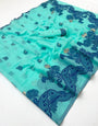 Desirable Sky Jamdani Cotton Silk Saree With Snappy Blouse Piece