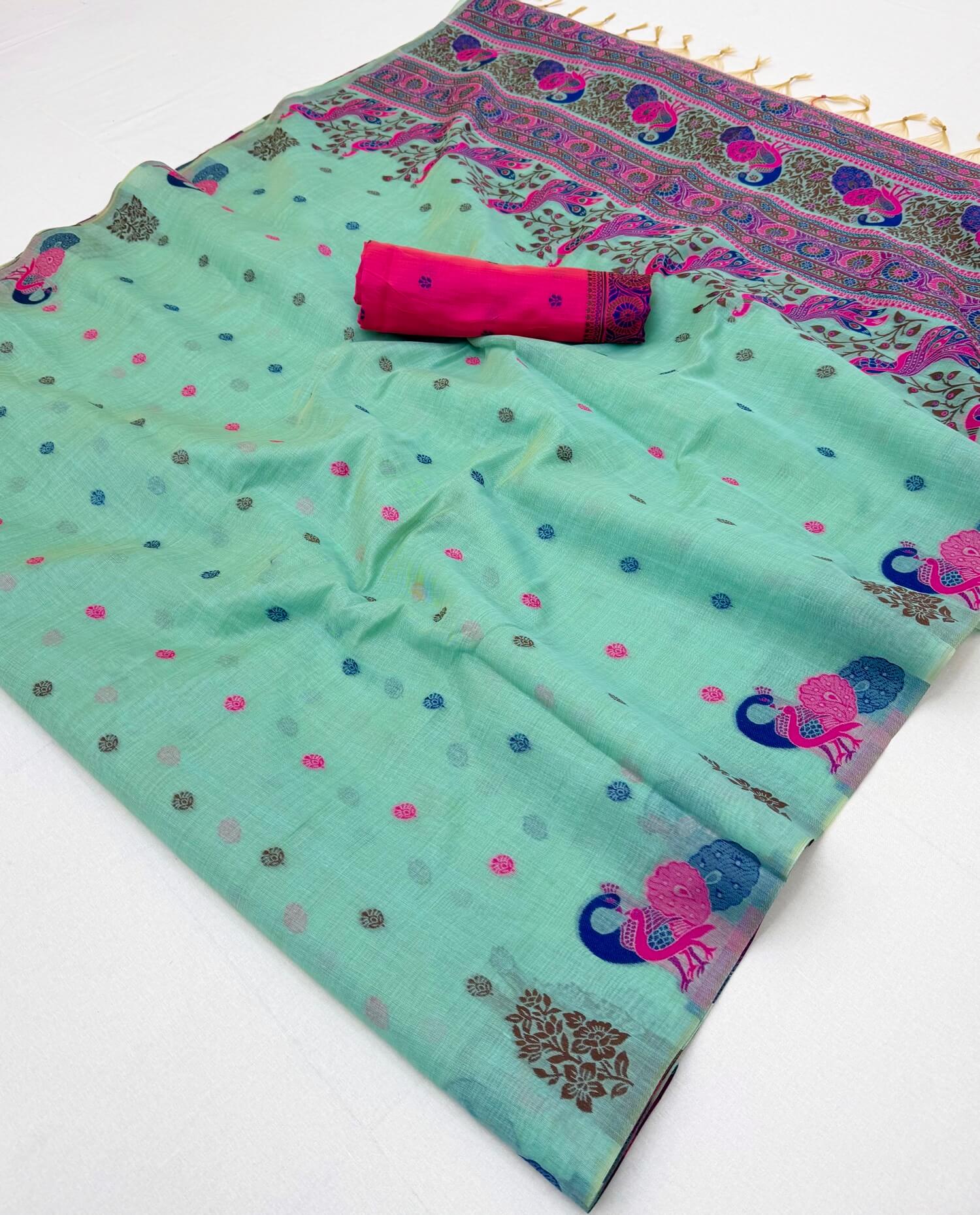 Ebullience Turquoise Pure Munga Cotton Silk Saree With Rhapsody Blouse ...
