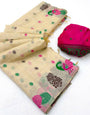 Designer Beige Pure Munga Cotton Silk Saree With Amiable Blouse Piece