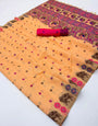Captivating Peach Pure Munga Cotton Silk Saree With Amiable Blouse Piece