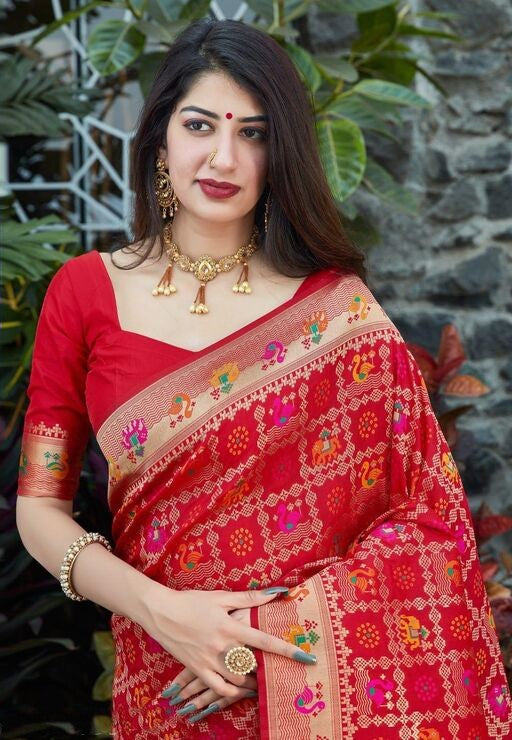 Innovative Red Soft Banarasi Silk Saree With A Blouse Piece