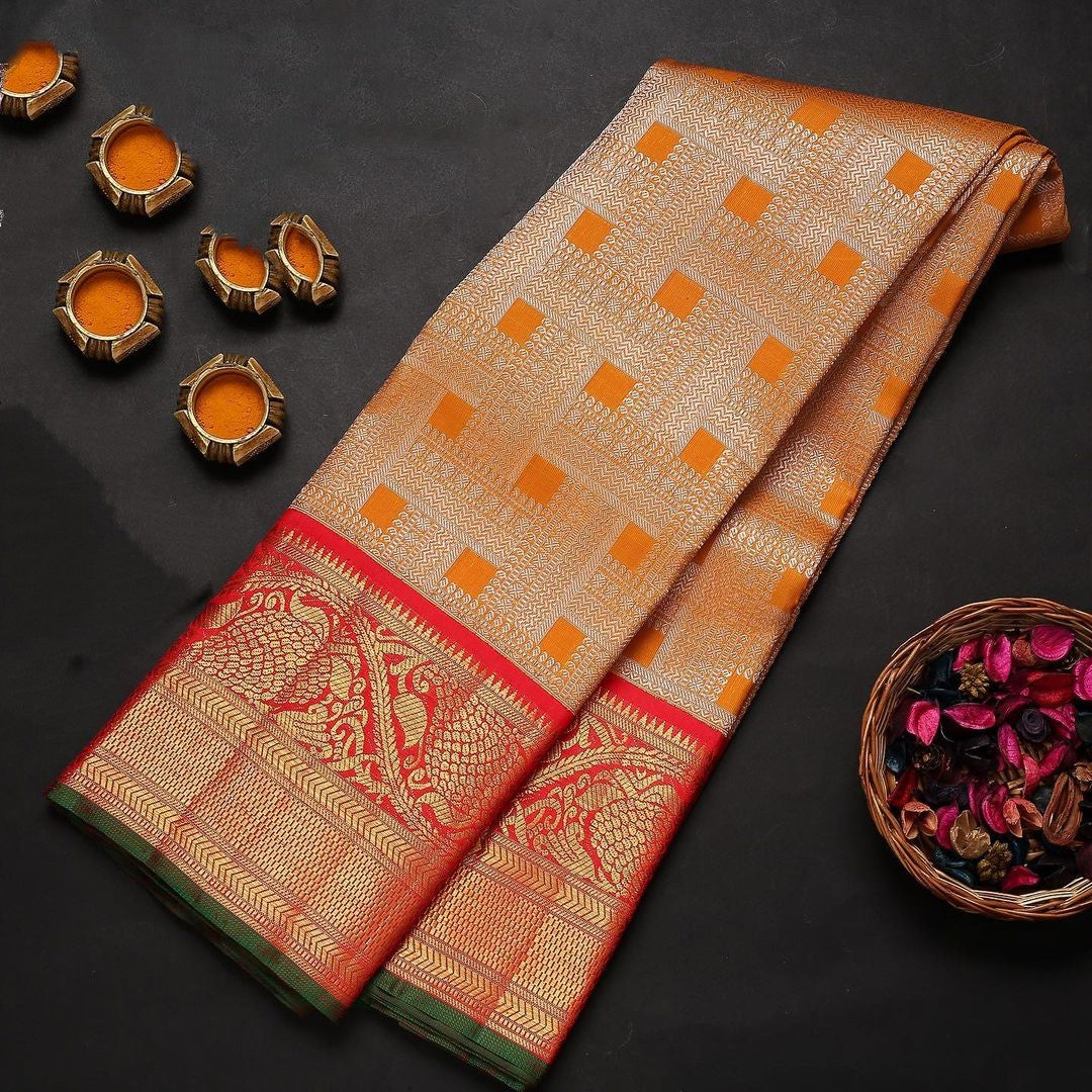 Ineffable Orange Soft Banarasi Silk Saree With Tempting Blouse Piece