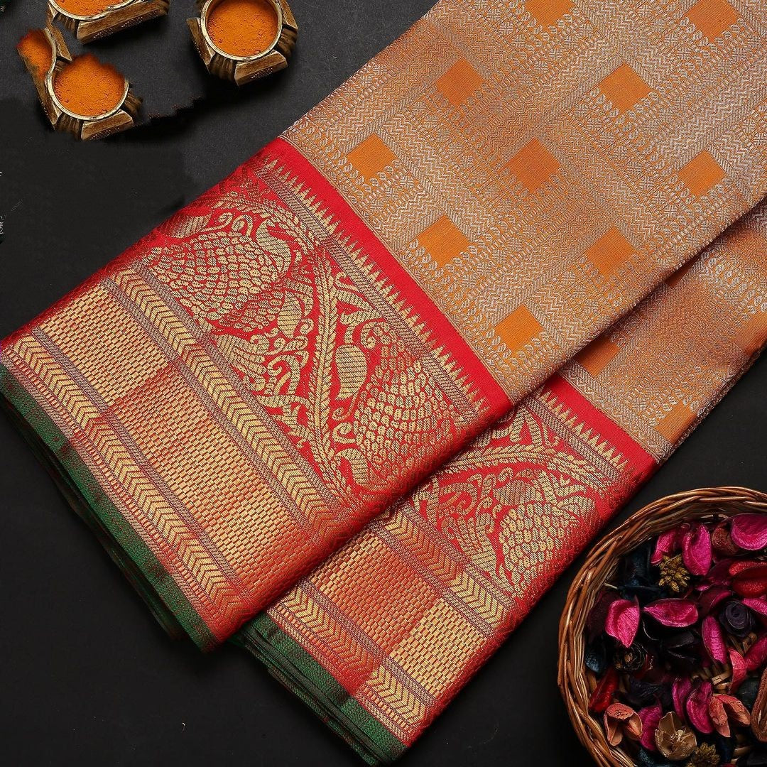 Ineffable Orange Soft Banarasi Silk Saree With Tempting Blouse Piece