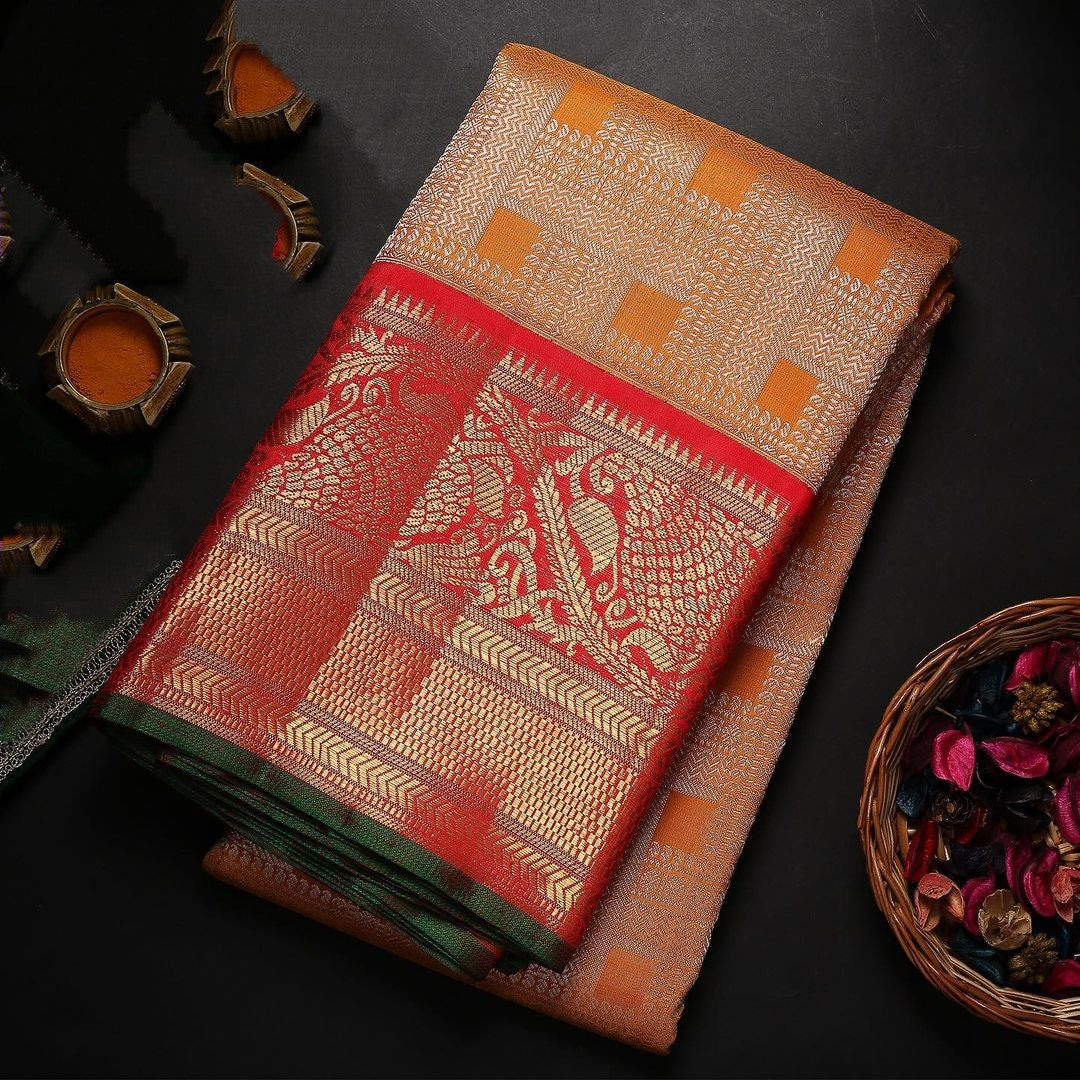 Ineffable Orange Soft Banarasi Silk Saree With Tempting Blouse Piece