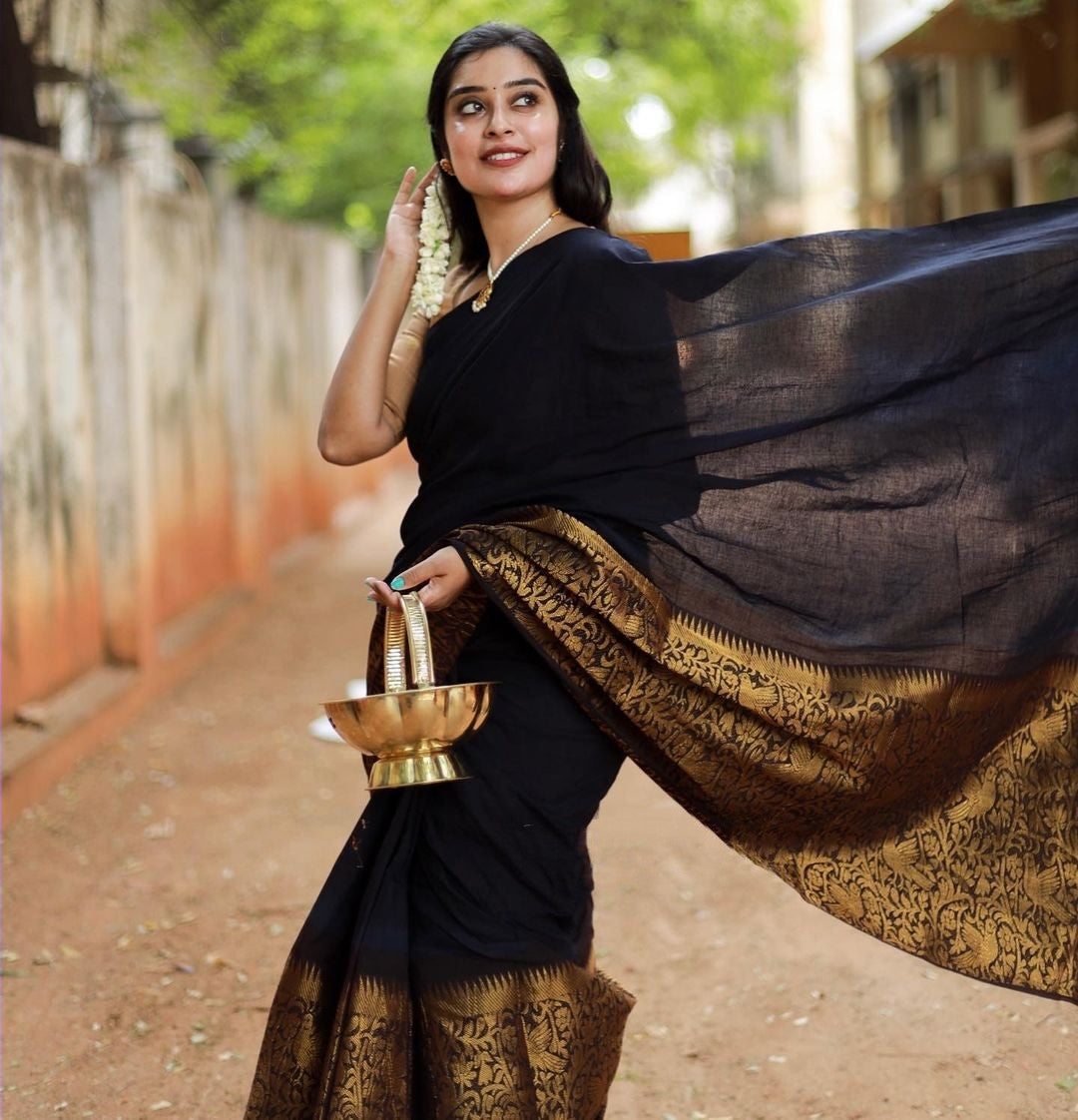 Unequalled Black Soft Silk Saree With Jazzy Blouse Piece