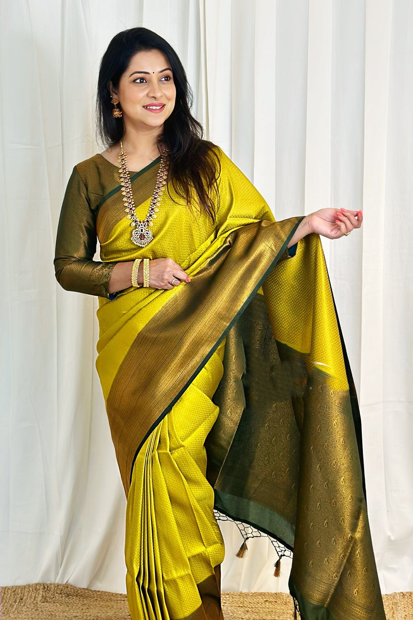 Amiable Lemon Soft Silk Saree With Ephemeral Blouse Piece