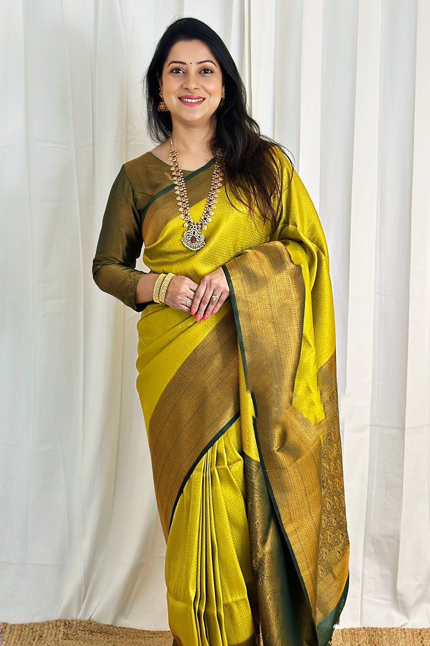 Amiable Lemon Soft Silk Saree With Ephemeral Blouse Piece