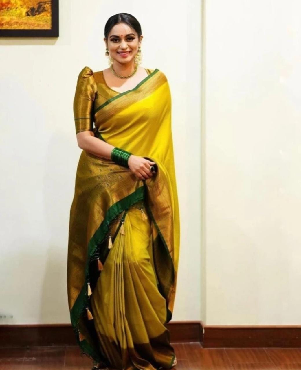 Lagniappe Yellow Soft Silk Saree With Divine Blouse Piece