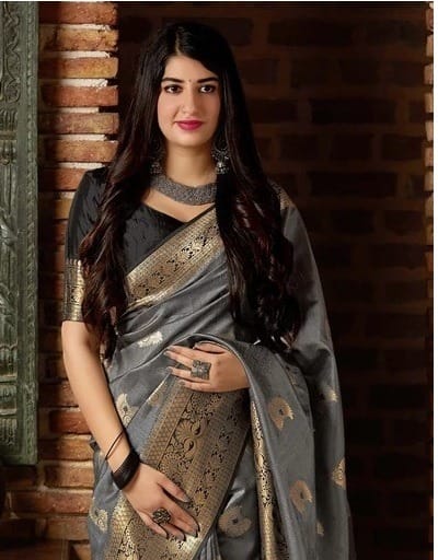 Marvellous Grey Banarasi Silk Saree With Prominent Blouse Piece