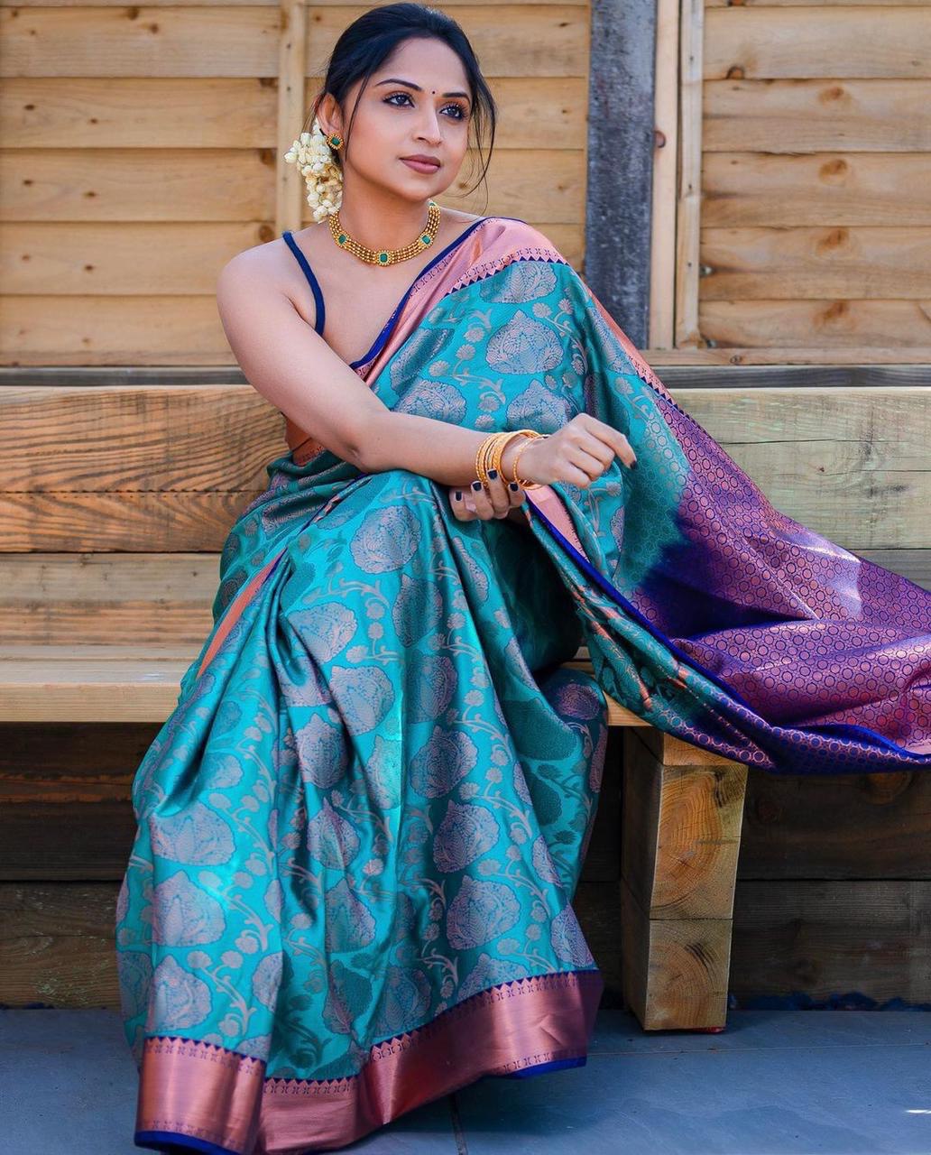 Epiphany Rama Soft Silk Saree With Ebullience Blouse Piece