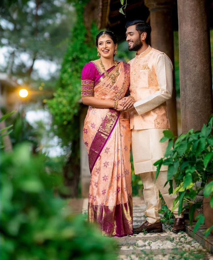 Entrancing Peach Soft Banarasi Silk Saree With Scrumptious Blouse Piece