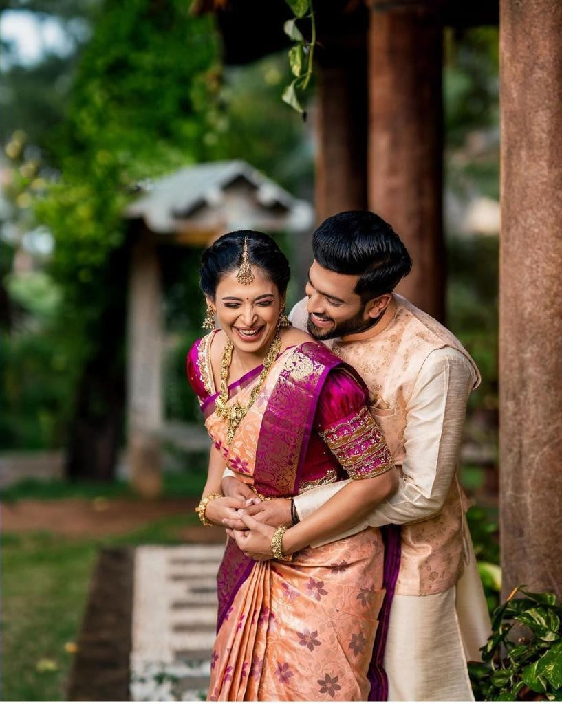 Entrancing Peach Soft Banarasi Silk Saree With Scrumptious Blouse Piece