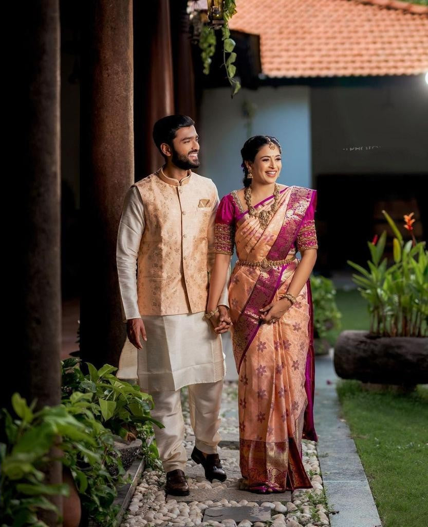 Entrancing Peach Soft Banarasi Silk Saree With Scrumptious Blouse Piece