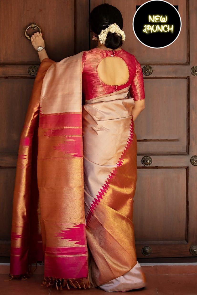 Ornate Beige Soft Silk Saree With Precious Blouse Piece