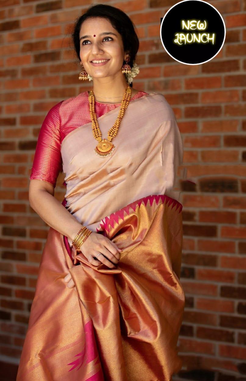 Ornate Beige Soft Silk Saree With Precious Blouse Piece