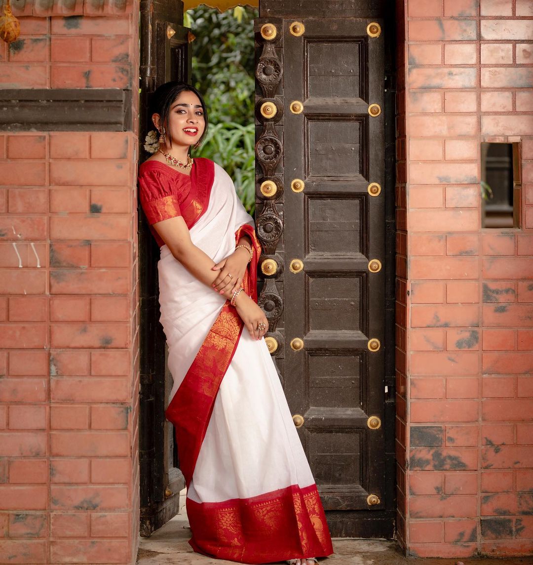 Charming White Soft Silk Saree With Symmetrical Blouse Piece