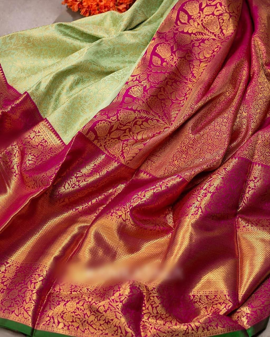 Ratatouille Pista Soft Banarasi Silk Saree With Scrupulous Blouse Piece