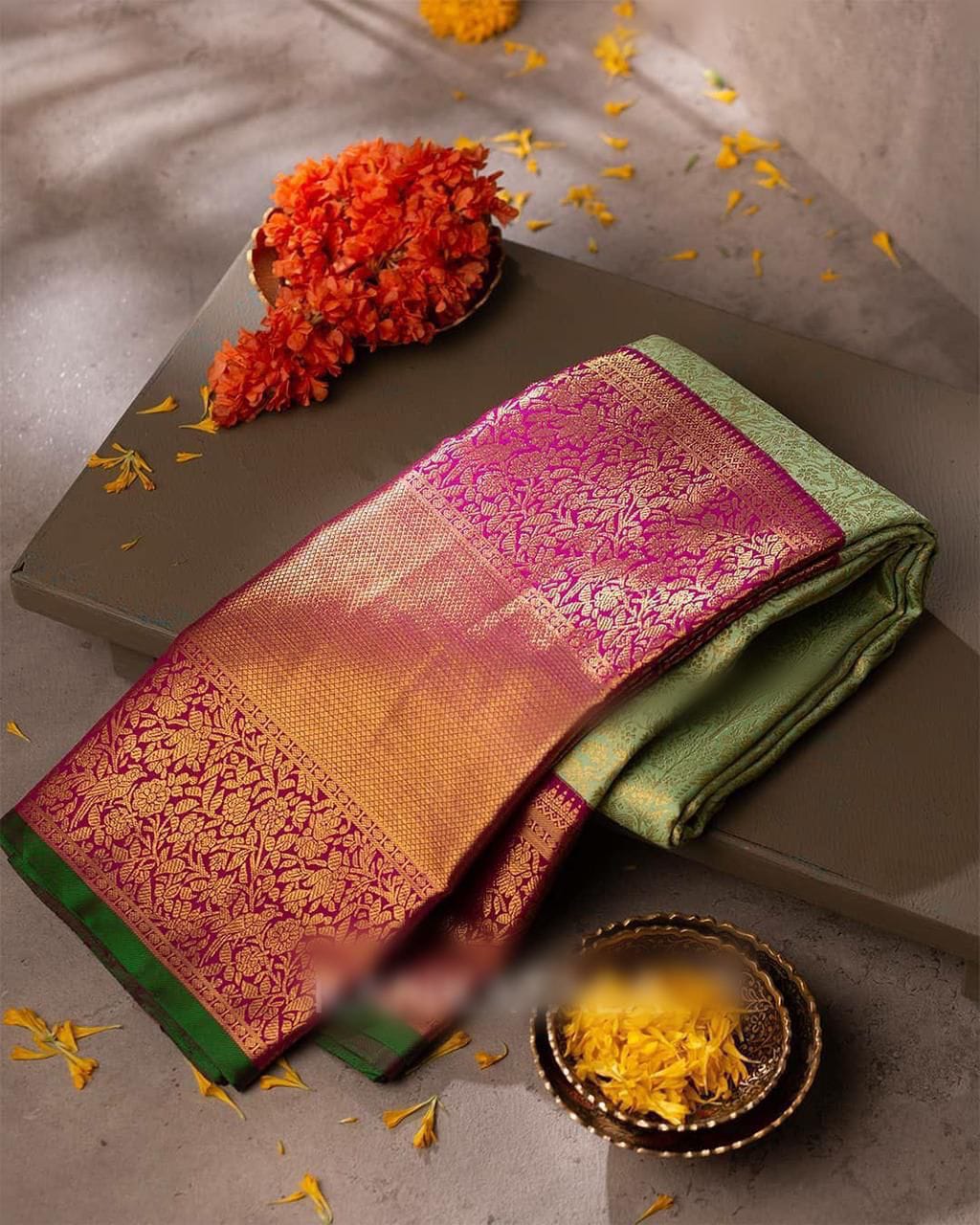 Ratatouille Pista Soft Banarasi Silk Saree With Scrupulous Blouse Piece