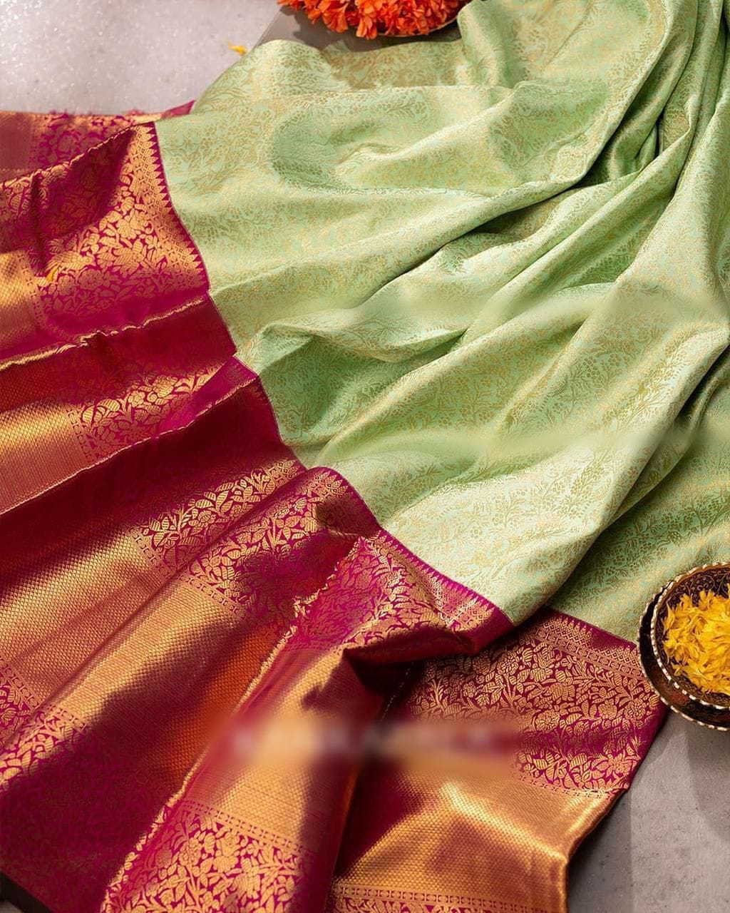 Ratatouille Pista Soft Banarasi Silk Saree With Scrupulous Blouse Piece