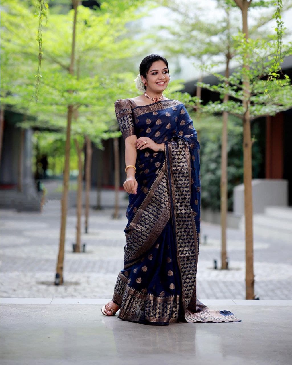 Designer Navy Blue Soft Banarasi Silk Saree With Rhapsody Blouse Piece