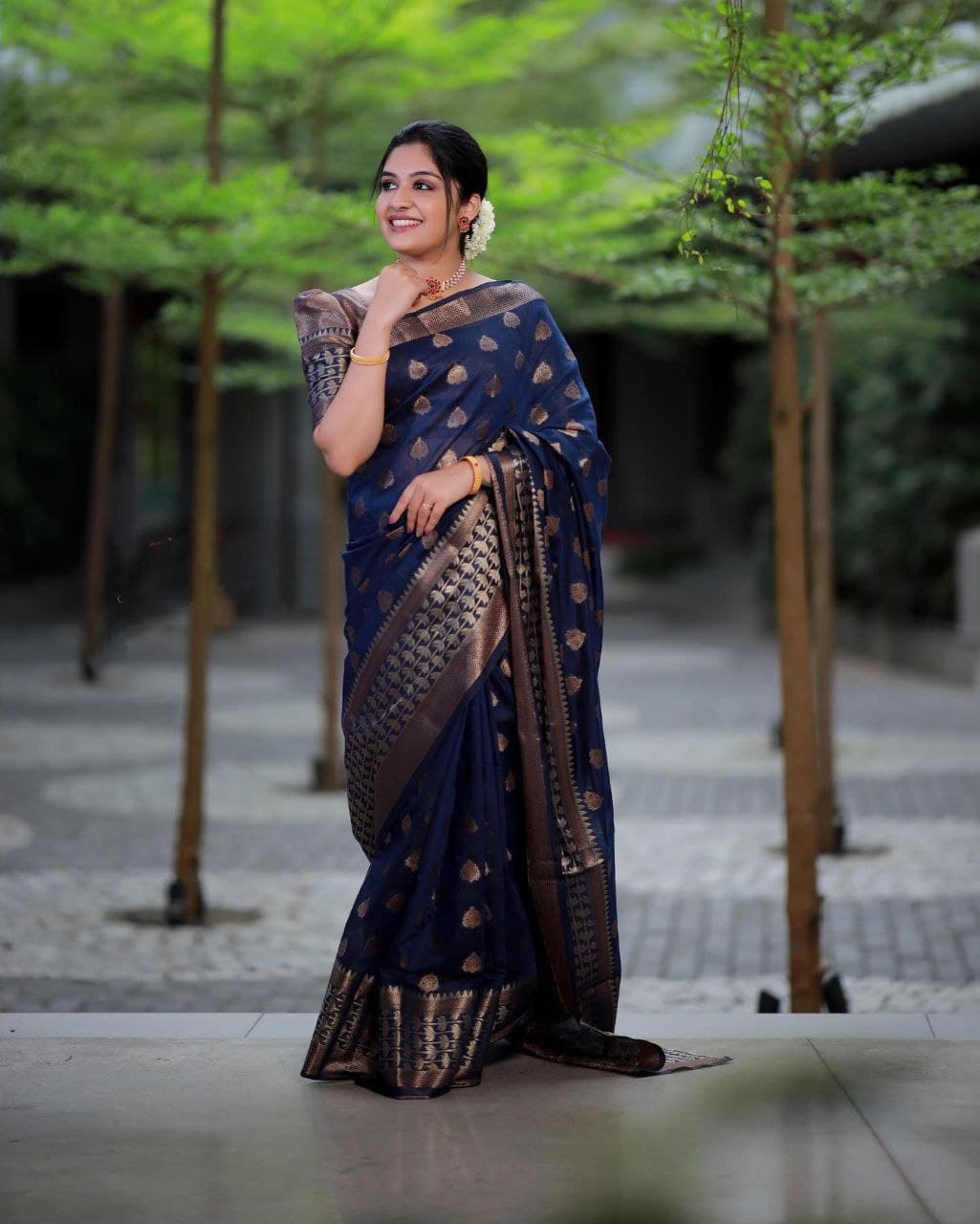 Designer Navy Blue Soft Banarasi Silk Saree With Rhapsody Blouse Piece