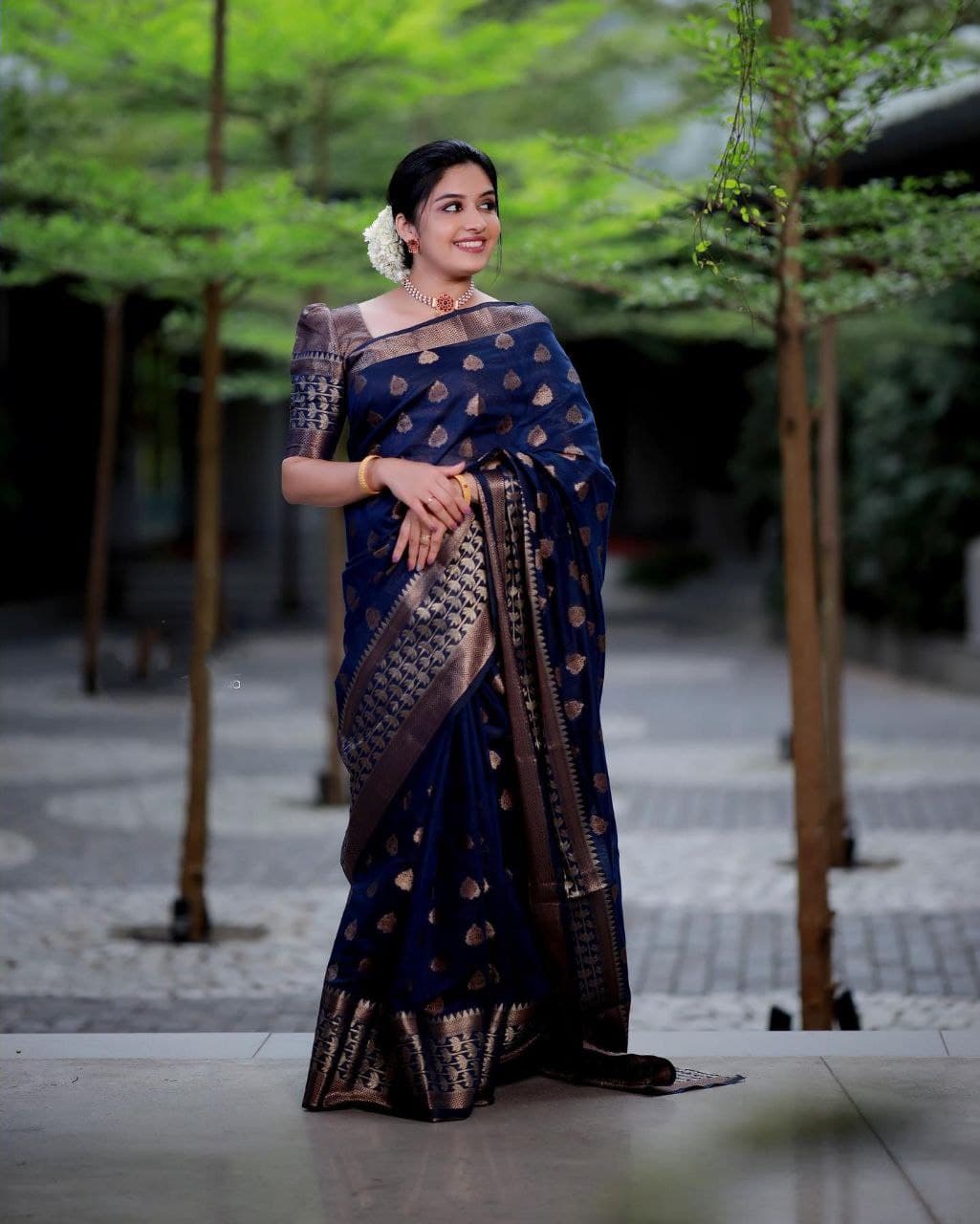 Designer Navy Blue Soft Banarasi Silk Saree With Rhapsody Blouse Piece