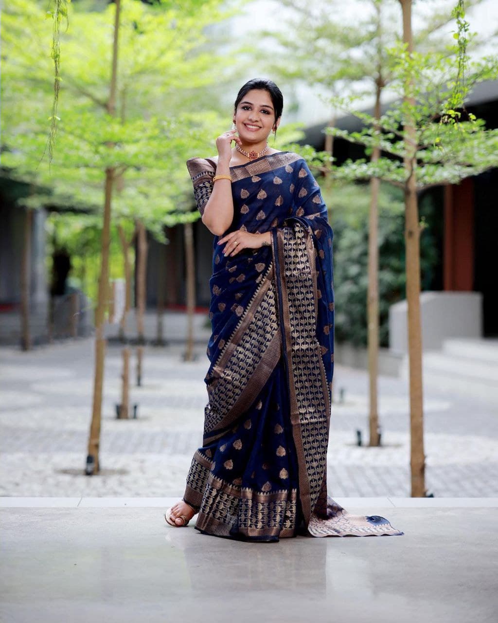 Designer Navy Blue Soft Banarasi Silk Saree With Rhapsody Blouse Piece