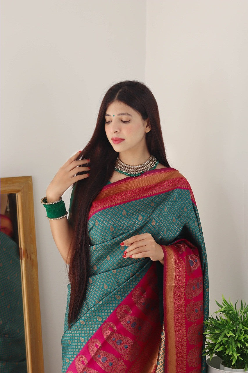 Ebullience Rama Soft Silk Saree With Snazzy Blouse Piece