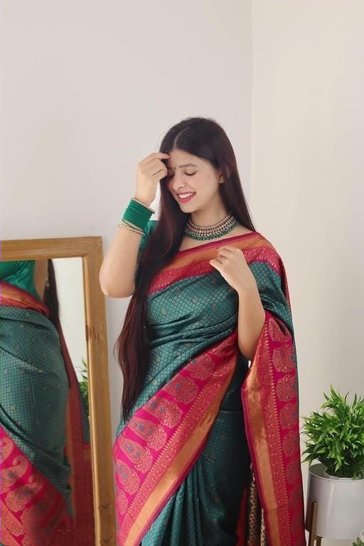 Ebullience Rama Soft Silk Saree With Snazzy Blouse Piece