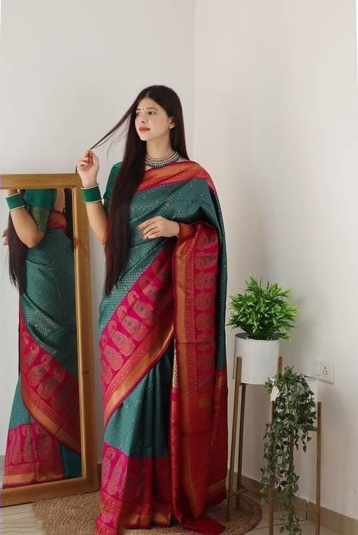 Ebullience Rama Soft Silk Saree With Snazzy Blouse Piece