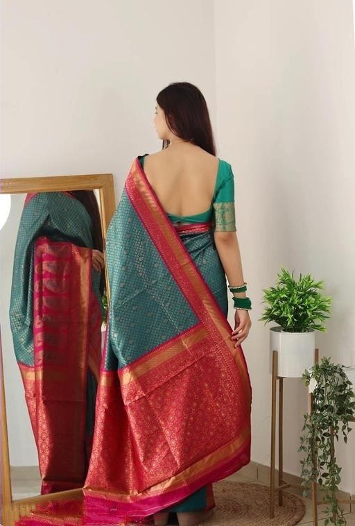 Ebullience Rama Soft Silk Saree With Snazzy Blouse Piece