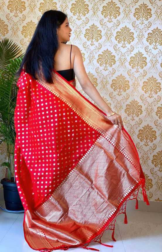 Exceptional Red Soft Banarasi Silk Saree With An Blouse Piece