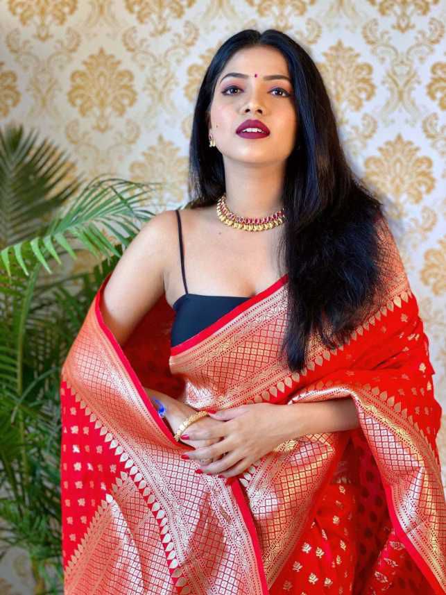 Exceptional Red Soft Banarasi Silk Saree With An Blouse Piece